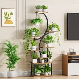 8 Tier Curved shaped Plant Stand with Full Spectrum Grow Lights, Heavy Duty Metal Frame Wood Plant Shelves for Multiple Potted Plants, Indoor Tall Corner Flower Display Rack for Living Room, Balcony, Office