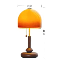 Vintage Glass Table Lamp with Amber Shade, LED Bedside Lamp with Pull Chain Switch, Solid Walnut Wood Base, Plug-in Accent Lamp for Bedroom Living Room Study