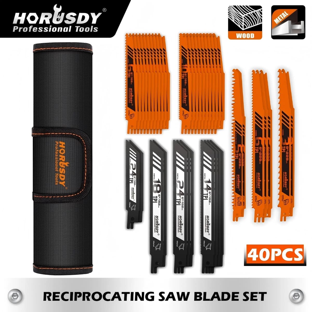 HORUSDY 40Pc Reciprocating Saw Blade Set 2-24TPI Wood Metal Sheet Cutting New