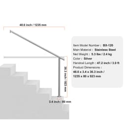 SucceBuy Handrails for Outdoor Steps 47.3 in / 120cm Deck Railing Kit Wall Floor Mounted for Outside Steps with Installation Kit