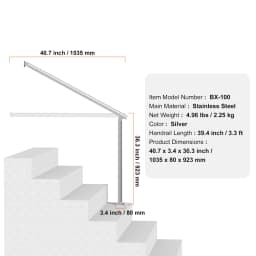 SucceBuy Handrails for Outdoor Steps 47.3 in / 120cm Deck Railing Kit Wall Floor Mounted for Outside Steps with Installation Kit