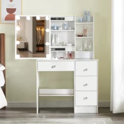 White Wood Dressing Table with LED Lighting Adjustable Brightness Dressing Table with Large Mirror Dressing Table with 4 Drawers