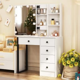 New White Vanity Set with 10 LED Lighted Mirror 5 Drawers 3 Color Dimmable Easy Assembly Sturdy Frame Makeup Desk Bedroom