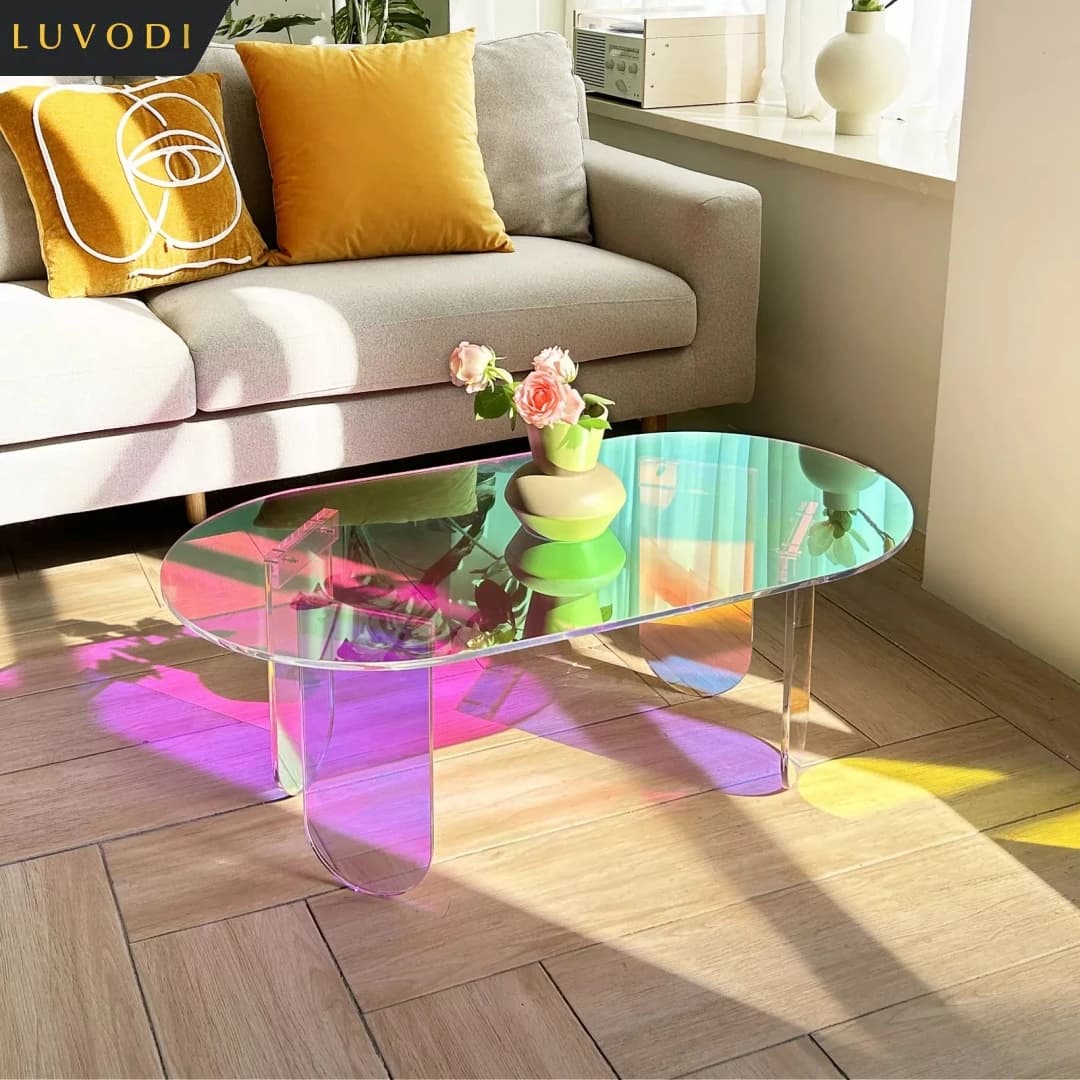Modern Iridescent Clear Acrylic Coffee Table with 4 Legs - Living Room Accent Side Table for Lounger Home Office Decor