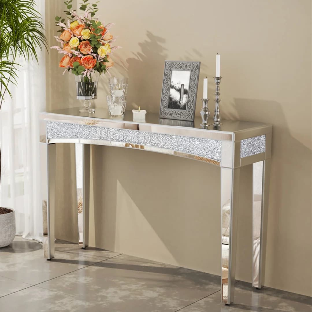 LUVODI 120cm Modern Crushed Diamond Mirrored Console Table, Silver Entryway Sofa Vanity Table for Foyer Entrance Office