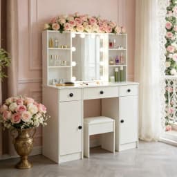 Teousev Modern LED Vanity Makeup Set, 3 Color Dimmable Mirror & Stool, 3 Drawers Storage Dresser Desk for Women Bedroom