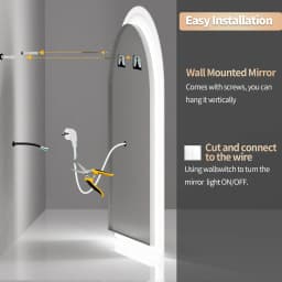 60x90CM Vertical Arch-Shape LED Bathroom Mirror Backlit Frameless Lighted Antifog Mirror Time Temperature Display