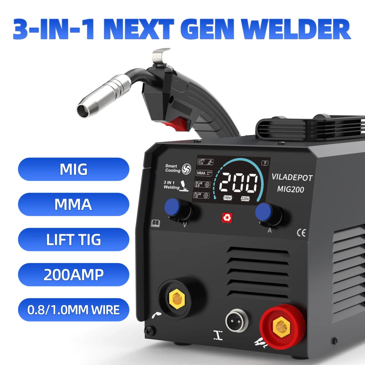 Viladepot 3-in-1 Welding Machine MIG200 No Gas Flux-cored Wire/Lift TIG/MMA 200A 220V MIG Welder Digital Display