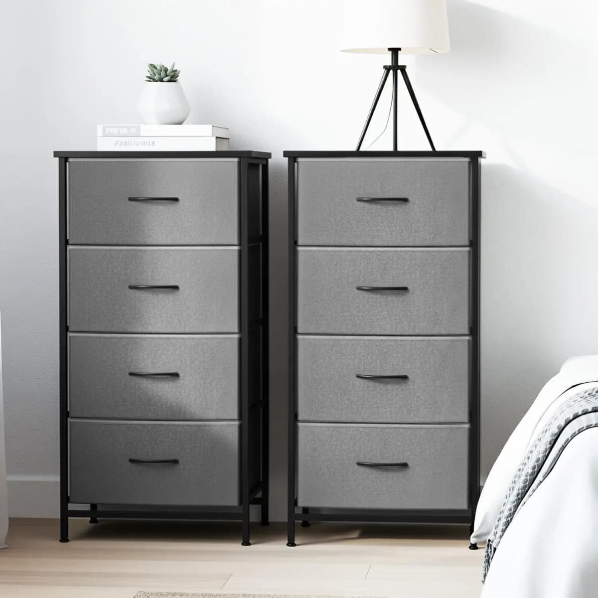 Set of 2 Grey Tallboy Storage Dressers with 4 Drawers Bedroom Chest Organizer