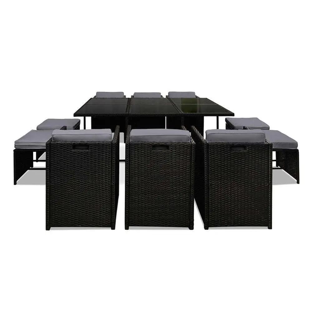 11 Piece Outdoor Wicker Dining Set Black Patio Table and Chairs with Cushions
