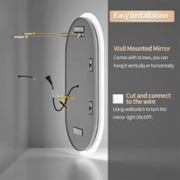 Large Bathroom Mirror Oval LED Vanity Mirror Wall Mounted w Bluetooth, Digital Display, Back Front Lit, Anti Fog for Hotel Hall