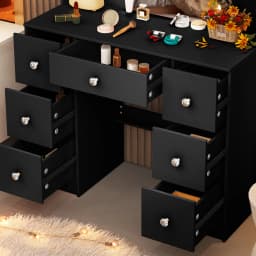 Black 7-Drawer Vanity Desk with 10 Led Lighted Mirror & Shelves, 3 Color Dimmable, Easy Assembly Bedroom Furniture for Women