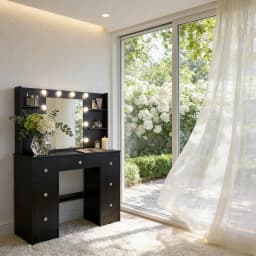 Black 7-Drawer Vanity Desk with 10 Led Lighted Mirror & Shelves, 3 Color Dimmable, Easy Assembly Bedroom Furniture for Women