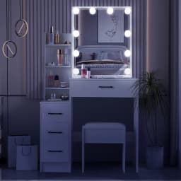 White Wooden Vanity Dressing Table Set with Adjust the Lighting LED Lights Sliding Mirror & Stool Storage Desk Cosmetic Bedroom