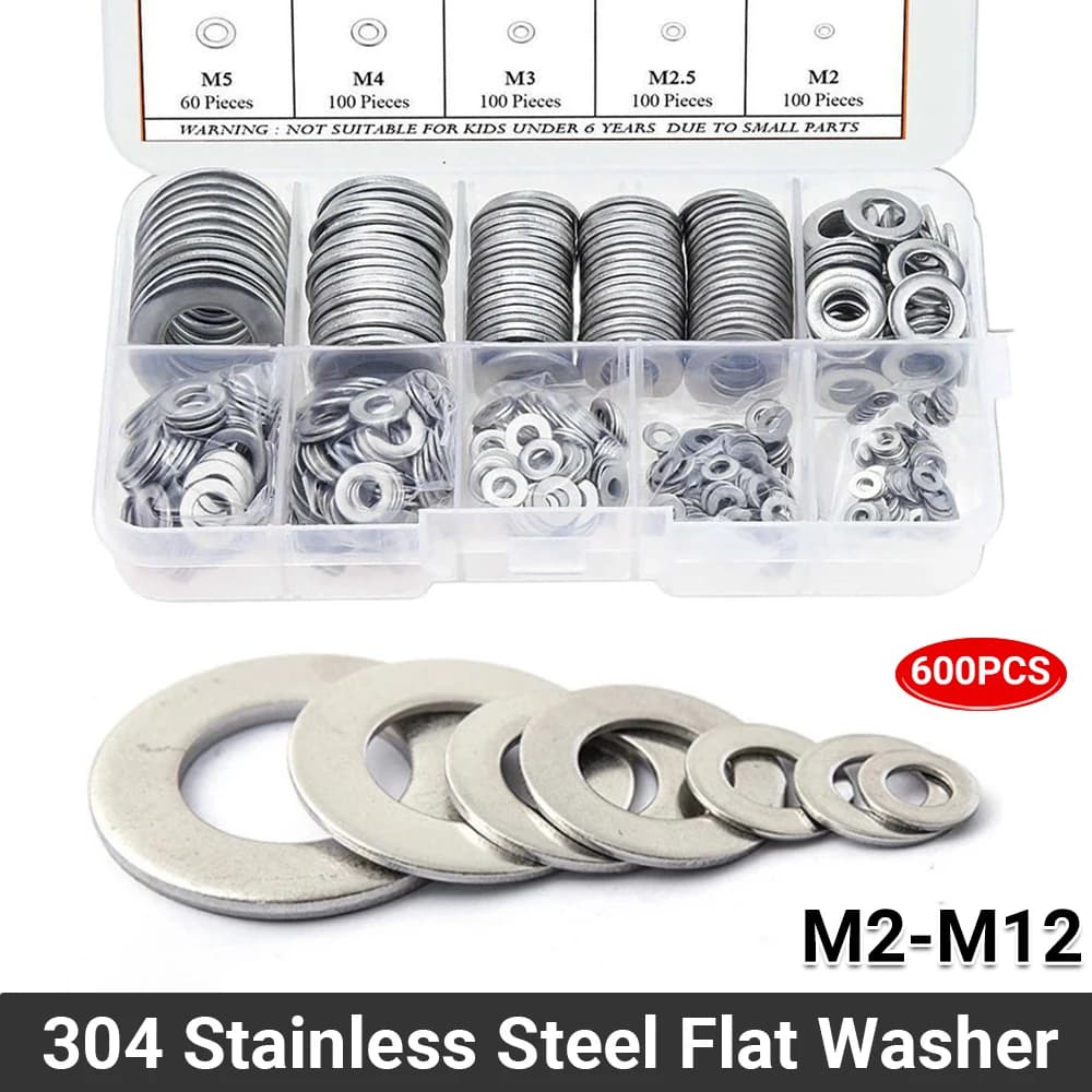 600pcs 304 Stainless Steel Flat Washer Washers Assortment Set Value Kit M2 - M12