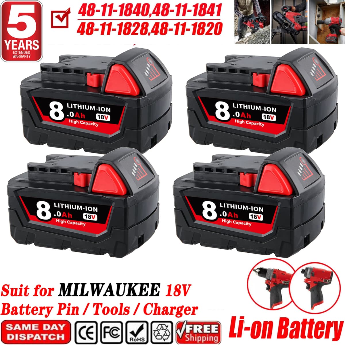 1/2/4Pcs 8.0Ah M18 Li-on Battery Replace for Milwaukee 18V Battery Pin Compatible with 48-11-1815 48-11-1820 Cordless Tools