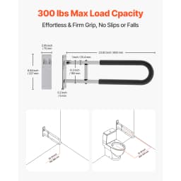 SucceBuy Toilet Safety Rail 23.8In U-Shaped Handicap Grab Bar Foldable Pole FlipUp Bar w/Anti-Slip Support Handle 300Lb Capacity