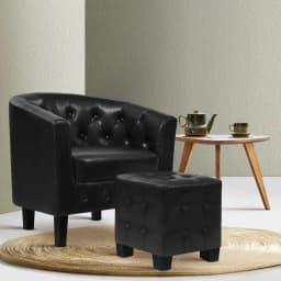 Modern Black Armchair Set with Ottoman Comfortable Upholstered Accent Chair for Living Room Lounge Bedroom Single Sofa Reading Chair Footrest Set