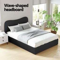 Double Size Boucle Upholstered Bed Frame Modern Fabric Platform Bed with Supportive Headboard and Wooden Slats for Bedroom Decor
