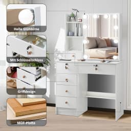 3 Color Lights White Makeup Vanity Desk with 6 Drawers, LED Dressing Table Set with Storage & Strip Light, Adjustable Color Temperature Mirror for Bedroom