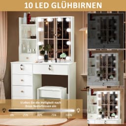 3 Color Lights White Makeup Vanity Desk with 6 Drawers, LED Dressing Table Set with Storage & Strip Light, Adjustable Color Temperature Mirror for Bedroom