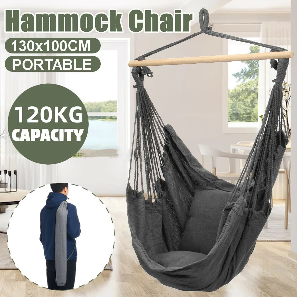 Garden Hammock Chair Hanging Swing Seat W/ 2 Cushions Outdoor Deluxe Camping