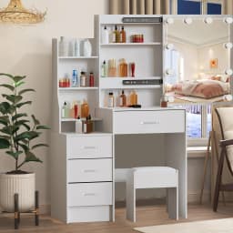 Small Vanity Desk with Mirror and Lights Wooden Makeup Vanity with Storage Drawers Women Bedroom Small Space