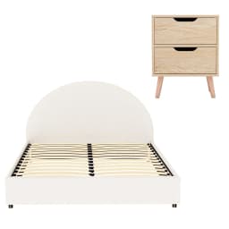 Gas Lift Queen Bed Frame with Matching Bedside Table Set Boucle Upholstered Platform Bed and Nightstand Storage Set