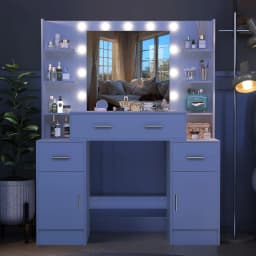 Teousev White Wood Vanity Table Set, 3 Light Modes Adjustable LED Bulbs Mirror, 3 Drawers 2 Cabinets Bedroom Dresser