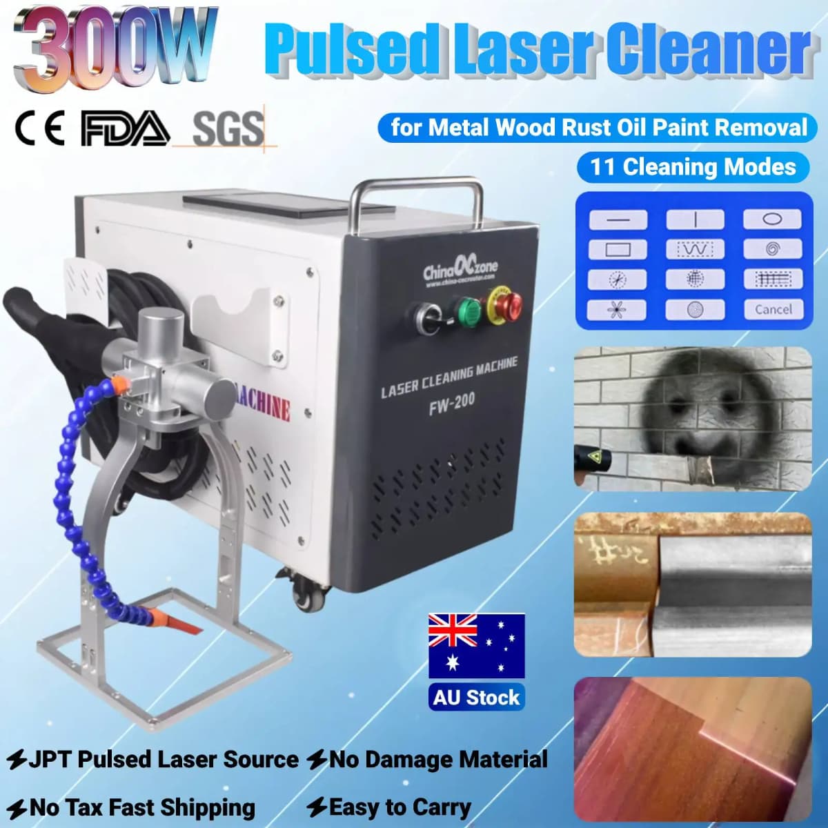 JPT Mopa 300W Pulsed Laser Cleaning Machine Portable Laser Cleaner for Metal Wood Rust Oil Paint Removal 11 Cleaning Modes