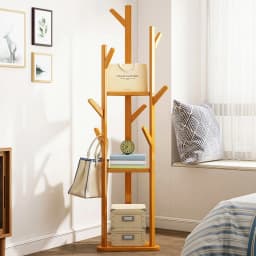 Bamboo Corner Tree Coat Rack Stand with Hooks And Shelves Clothes Hanger for Entryway Bedroom Organization
