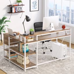 Tribesigns L Shaped Desk with Drawers and Monitor Stand, L Corner Desk with Storage Shelves, Beige Wooden PC Table