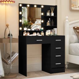 Black Dressing Table LED Makeup Mirror Set Vanity Desk 10 LED Bulb and 5 Drawers