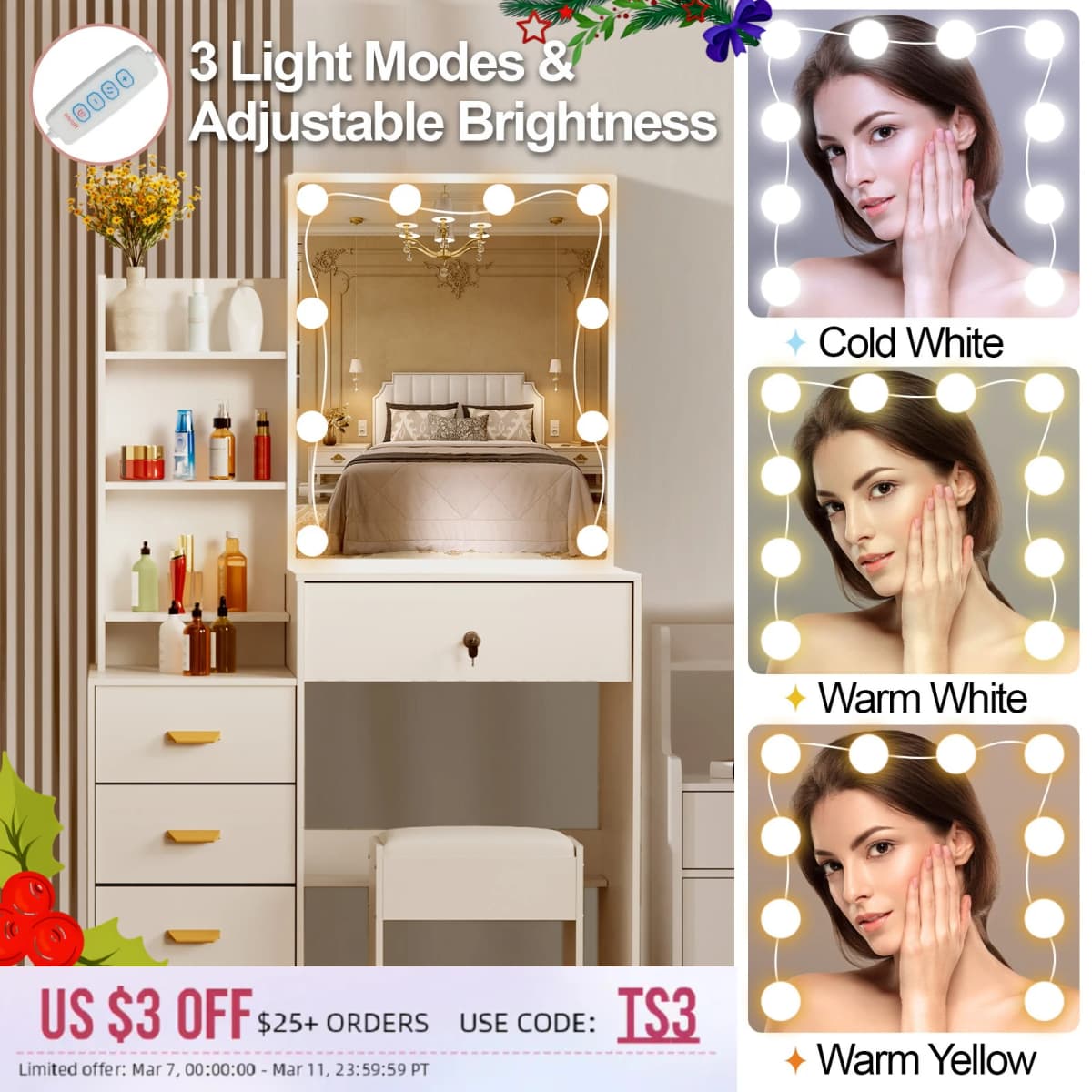 Dressing Table With Smart LED Mirror &Drawers 6 Shelves Vanity Stool Makeup Desk