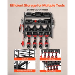 SucceBuy 4-Layer Power Tool Organizer Wall Mount Tools Storage Rack with 4 Drill Holders & Hook Racks for Garage Workbench