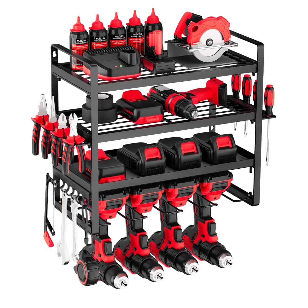 SucceBuy 4-Layer Power Tool Organizer Wall Mount Tools Storage Rack with 4 Drill Holders & Hook Racks for Garage Workbench