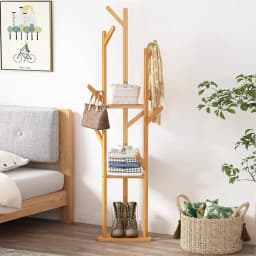Tree Standing Coat Hanger Rack with 10 Hooks And Shelves Garment Clothes Storage Stand for Home Organization