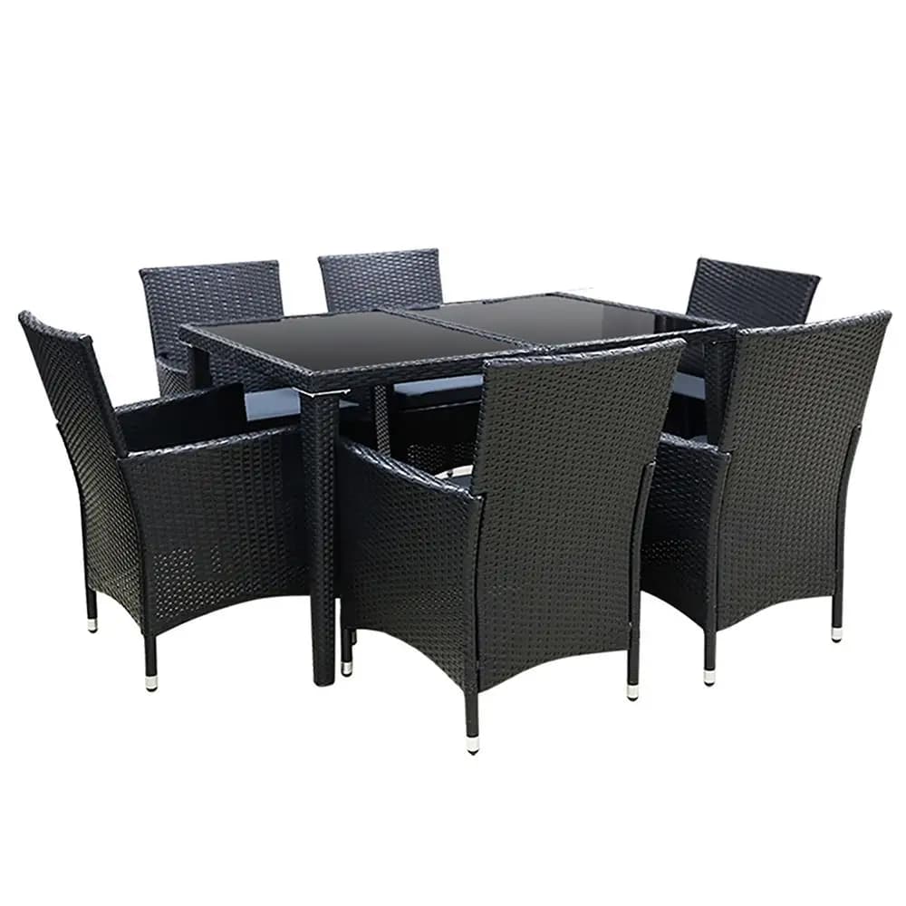 7 Piece Outdoor Wicker Dining Set Black Patio Lounge Furniture with Cushions