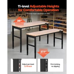 SucceBuy 2000 lbs Adjustable Garage Workbench 61" L x 20" W Work Table with 28.3"-38.1" Height & Hardwood Top for Office Home