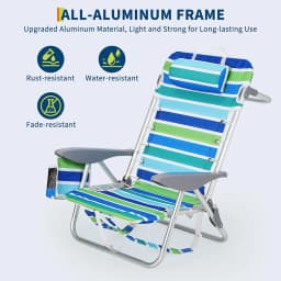 Backpack Beach Chair Adults 5 Reclining Lay Flat With Cup/Phone/Towel Holders Lightweight 9LB 350LB Capacity For Beach Camping