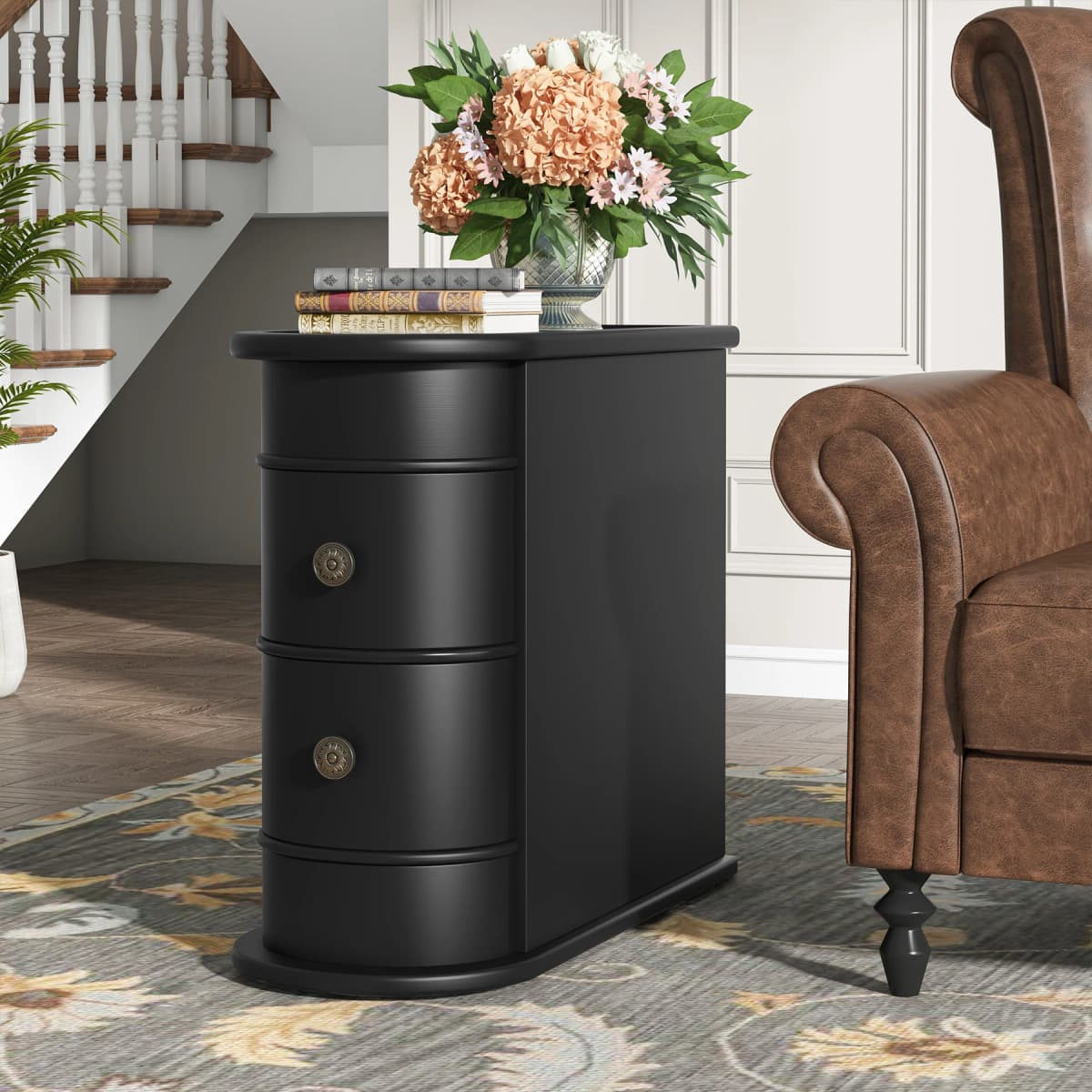 Tribesigns Wood End Table, 2-Drawer Narrow Side Table Slim Chair Solid Side Table, No Assembly Required, Finished Back | Slim