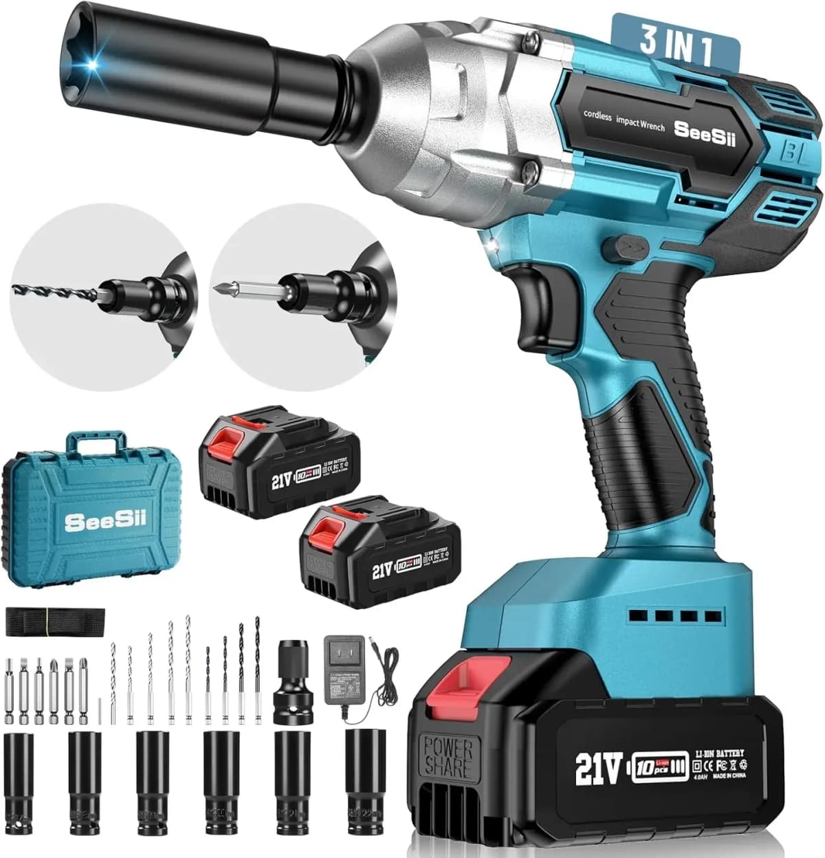 Seesii Cordless Impact Wrench 1/2 inch Brushless Impact Gun Max Torque 650Nm 3300RPM 2x 4.0 For makita Battery Impact Driver