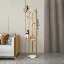 Freestanding Metal Coat Rack Stand Marble Base Clothes Hanger Hall Tree with Storage Shelves and Hooks