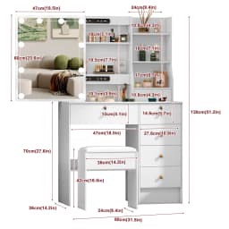 White Modern Vanity Set with Large Touch Control Led Lighted Mirror, 5 Drawers, Stool & 3 Open Compartments Vanity Desk