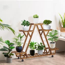 6 Pots Wood Plant Stand Triangular Rolling Flower Holder Storage Rack Outdoor Garden Decorative Rolling Plant Stand