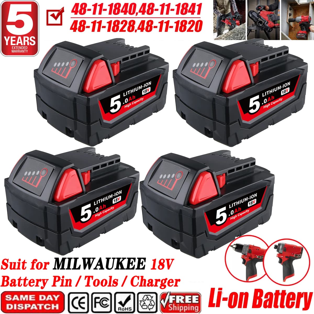 1/2/4 Pack 5.0Ah M18 Li-on Replace for Milwaukee 18V Battery Pin 48-11-1850 48-11-1860 Compatible with 18V Cordless Power Tools