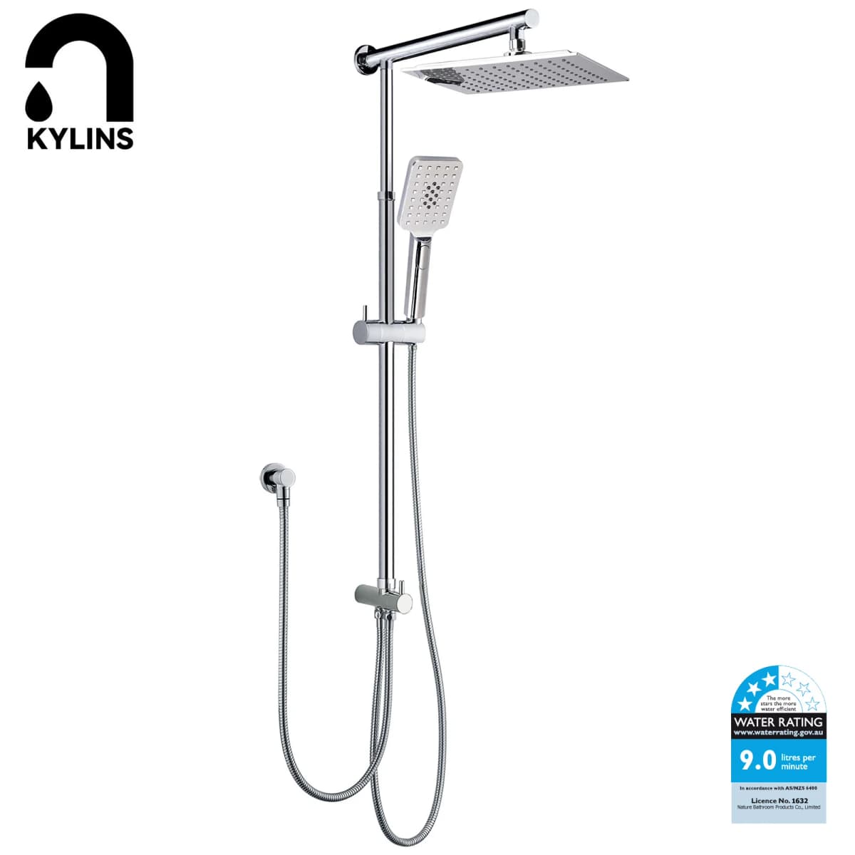 **Sydney Stock** KYLINS Square 10" Rain Shower Head Rose 3 Mode Handheld 2 In 1 Sliding Rail Slider Wall Arm Set WELS WaterMark