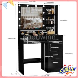 Black Dressing Table LED Makeup Mirror Set Vanity Desk 10 LED Bulb and 5 Drawers