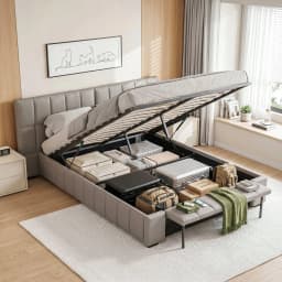 Double Size Upholstered Gas Lift Storage Bed Frame with Foldable Bench PVC Leather Platform Platform Bed Frame for Bedroom Use