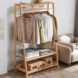 Bamboo Clothes Rail Rack Free Standing Garment Rack with 3 Storage Shelves and 10 Hooks